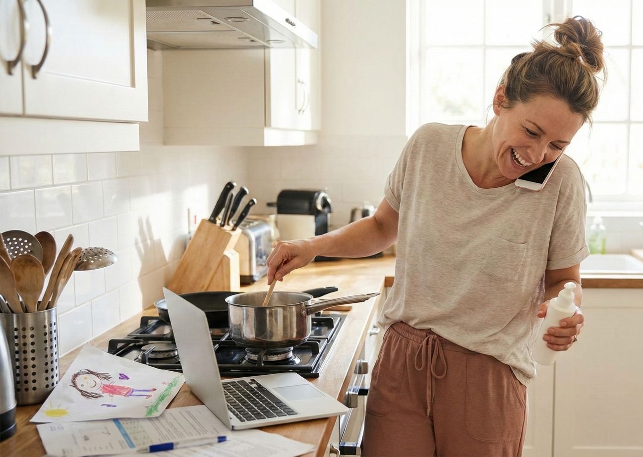 Smiling mom multitasking in a kitchen—cooking, working on a laptop, and on the phone—while holding a VisiblyMe effortless skincare product